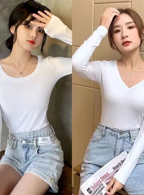 打底衫女长袖2020新款秋冬装百搭圆V领白色紧身t恤女内搭修身上衣