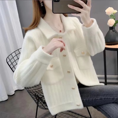 仿貂绒单排扣翻领开衫时尚