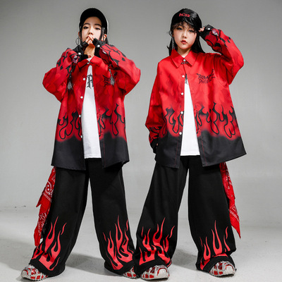 街舞儿童潮服hiphop演出服春秋套装男童女童酷帅火苗黑红演出服
