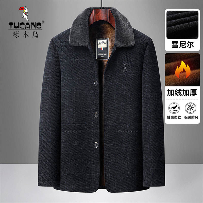 啄木鸟冬季中年男士毛呢大衣加绒加厚雪尼尔外套棉衣服中老年休闲