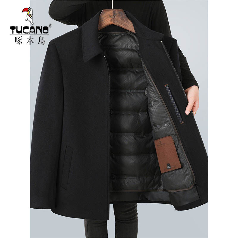 啄木鸟爸爸羽绒服男士2026新款冬季加厚短款中老年人羊毛呢大衣冬