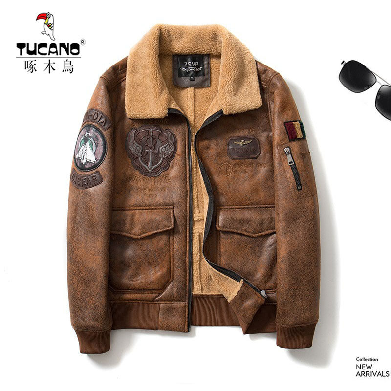 啄木鸟男冬机车皮衣皮毛一体B6飞行服空军翻毛领夹克短款潮牌外套
