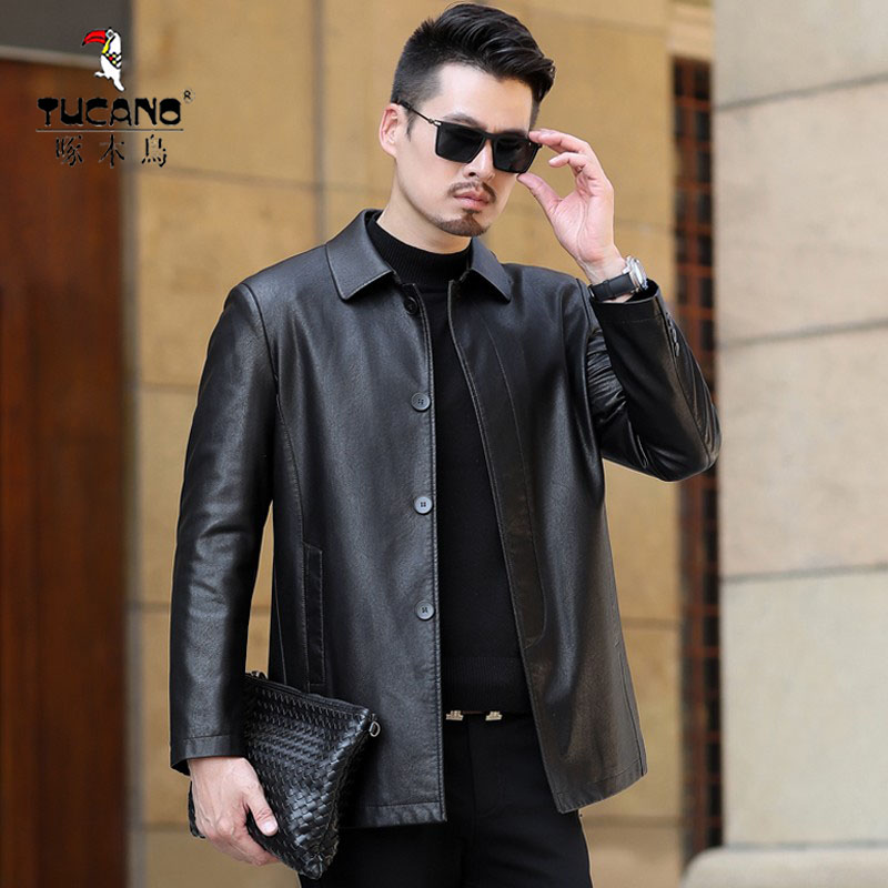 啄木鸟中老年男士皮衣外套春秋40岁50爸爸冬装加绒加厚皮夹克男装