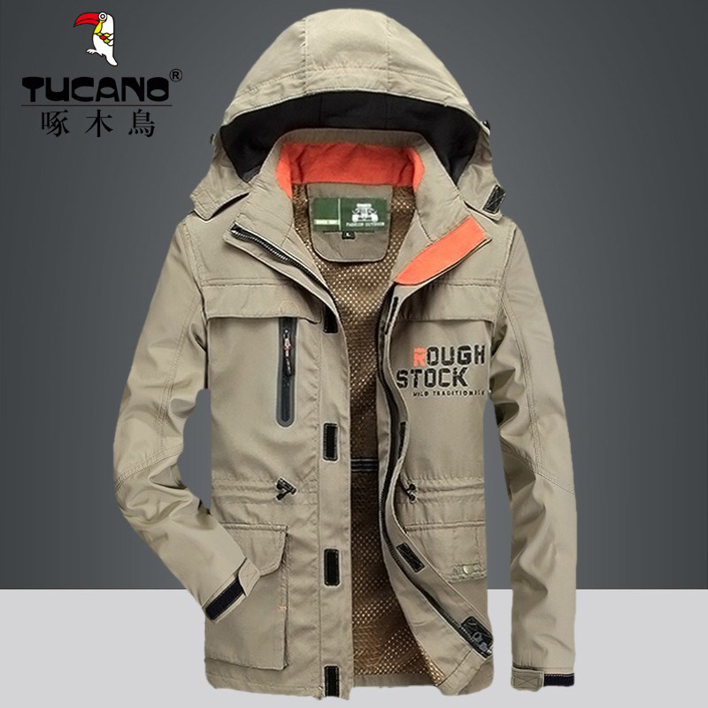 啄木鸟春秋夹克男冲锋衣户外运动风衣冬装加绒加棉中老年工装外套