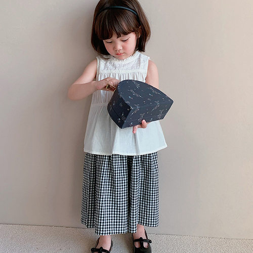 女童套装暗花小碎花女孩背心加格子阔腿裤26夏装新款童装