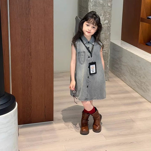 儿童装女童裙子牛仔翻领无袖连衣裙背心裙26夏装新款工厂货源