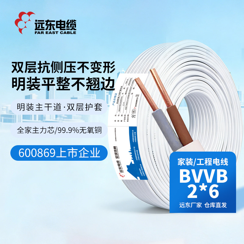 远东电缆BVVB2*6平方家装国标2芯大功率电器铜芯护套电线【硬线】