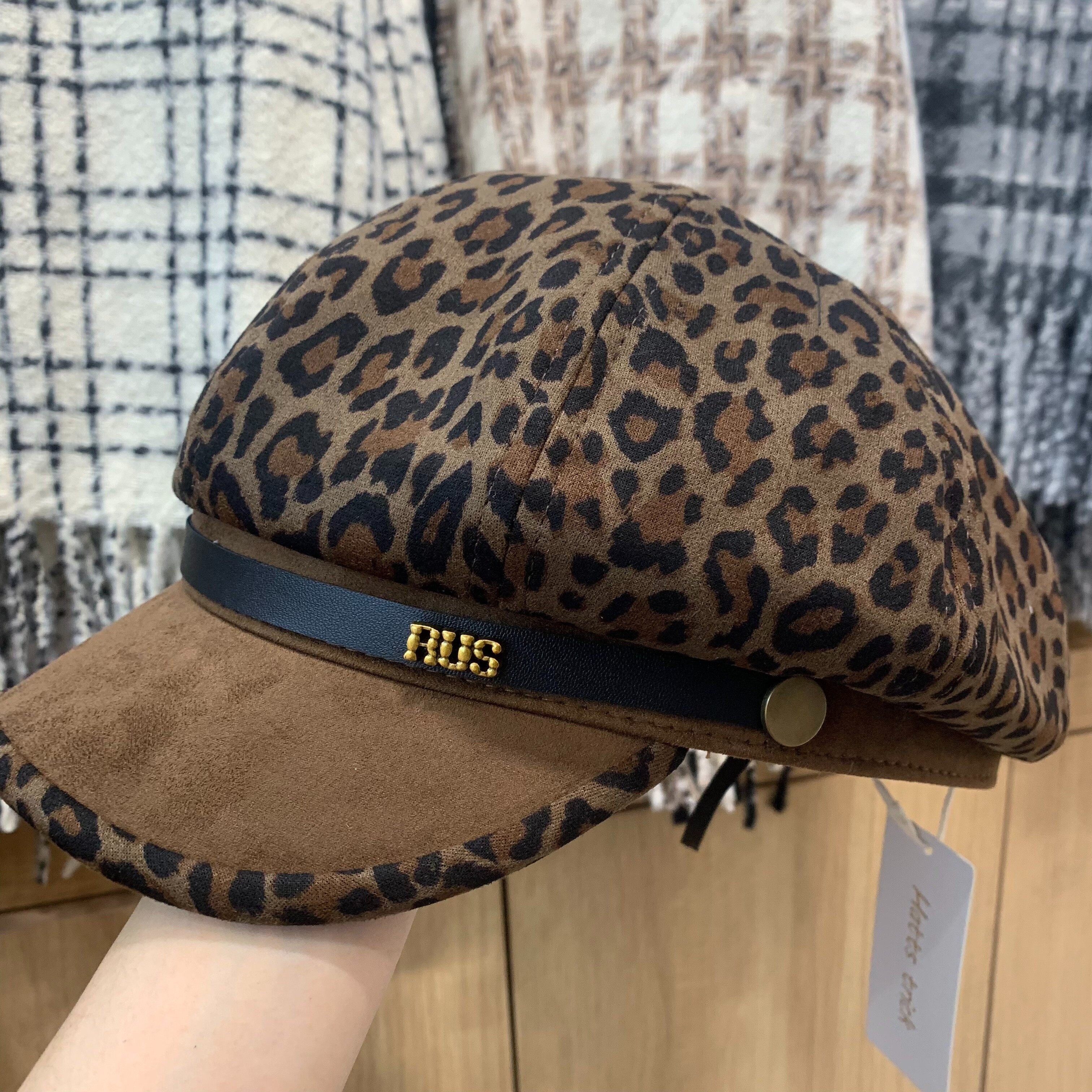 名创优品拼接豹纹褶皱毛呢八角帽