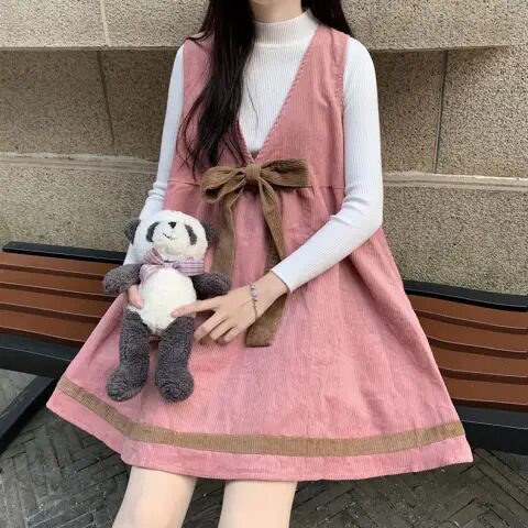2025新款可爱少女穿搭学院风甜美灯芯绒背带连衣裙小个子