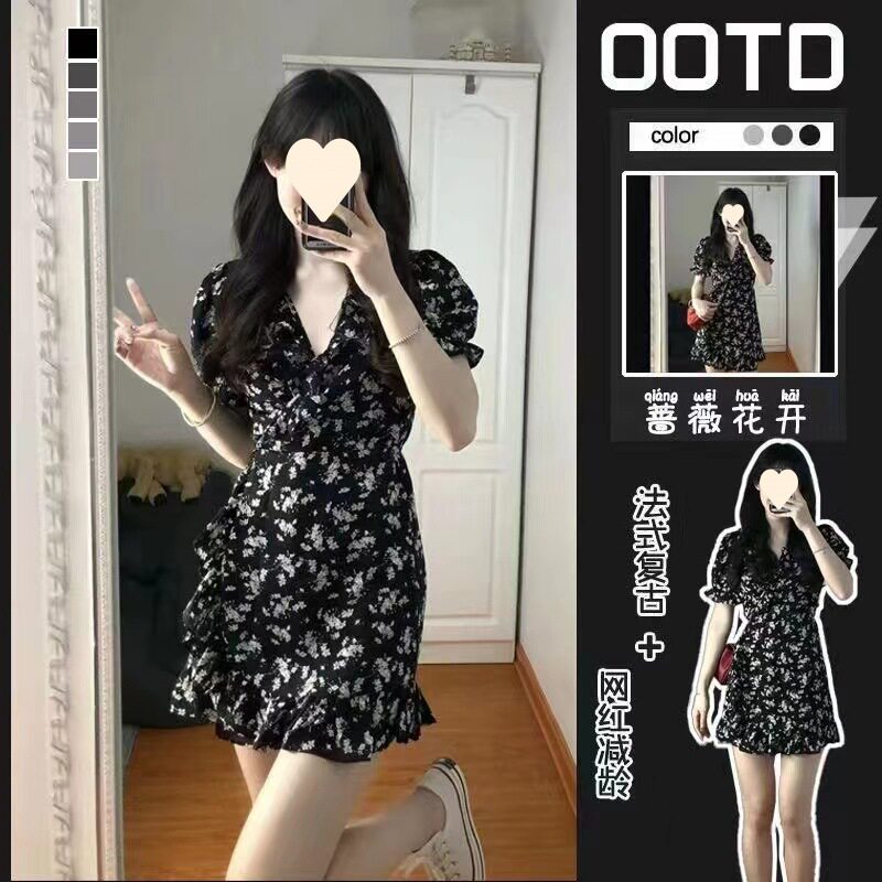 2026新款法式矮个子黑色碎花连衣裙女甜欲风裙子泡泡袖收腰设计感 - 实物图