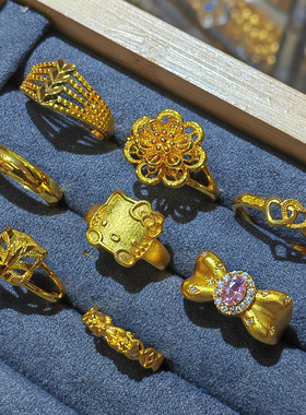 古法沙金戒指女款镂空花朵时尚百搭小众设计感食指戒送女友礼物