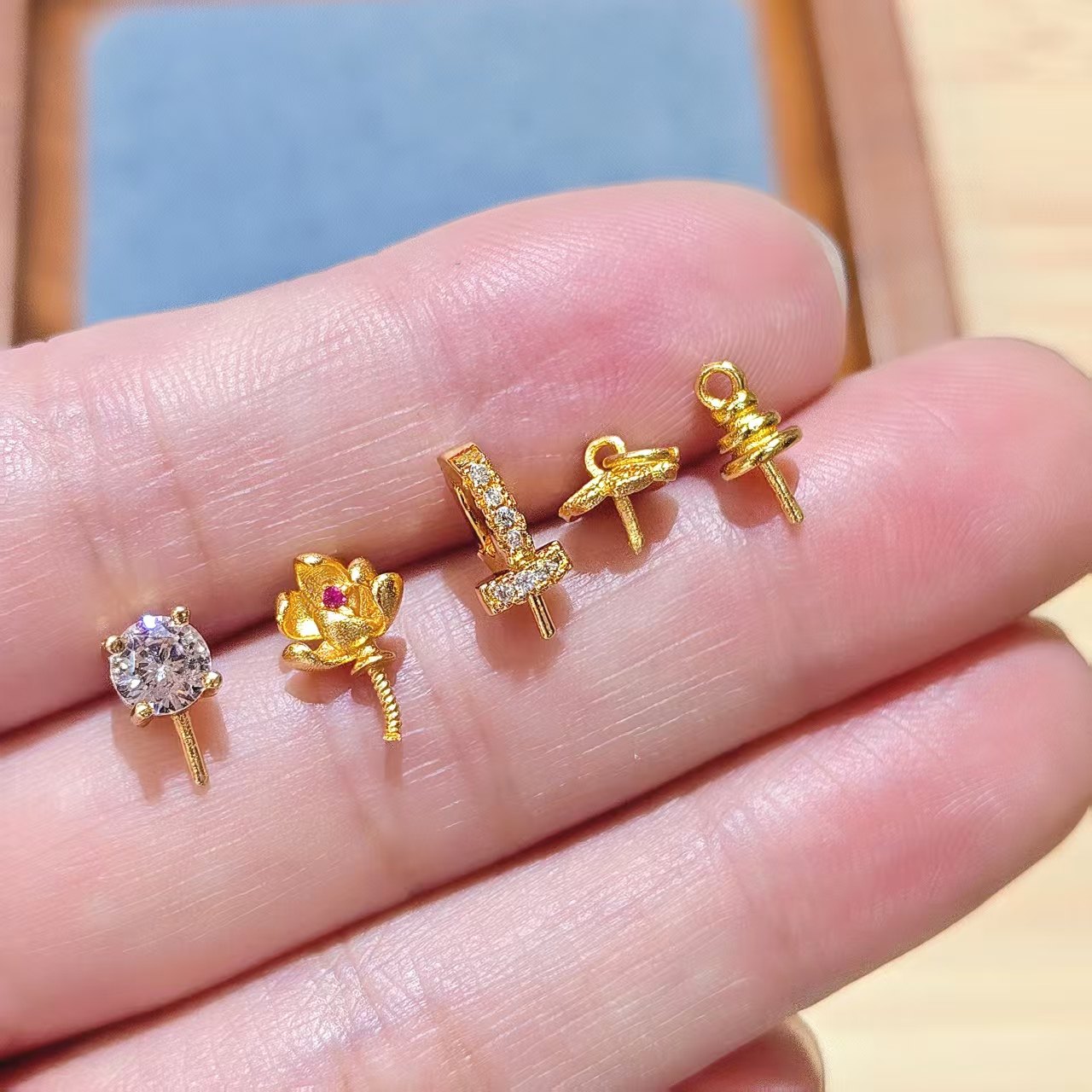 古法沙金 莲花粘扣万能扣珍珠扣吊坠连接扣小花珠托DIY配件