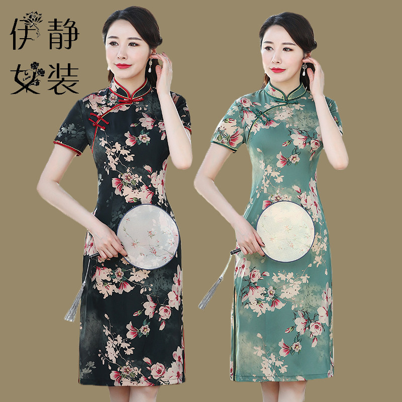 2021新款中老年改良旗袍裙妈妈装中长款修身香云纱仿真丝连衣裙女