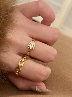 DIKAS 韩系梨形水滴锆石戒指女爆闪清冷感双层开口调节指环