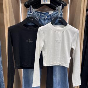 正品Jennie同款CK印花长袖女时尚性感修身露肚脐百搭纯棉圆领T恤