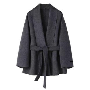 航邦祺青果领短浴袍毛呢外套