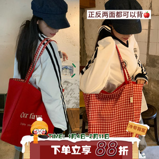 陈奶奶 美式复古红帆布托特包 格纹内衬刺绣字母显白出街大容量包