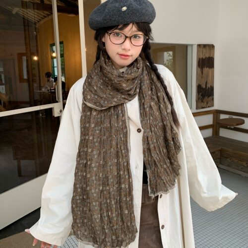 陈奶奶复古森系碎花褶皱长丝巾女
