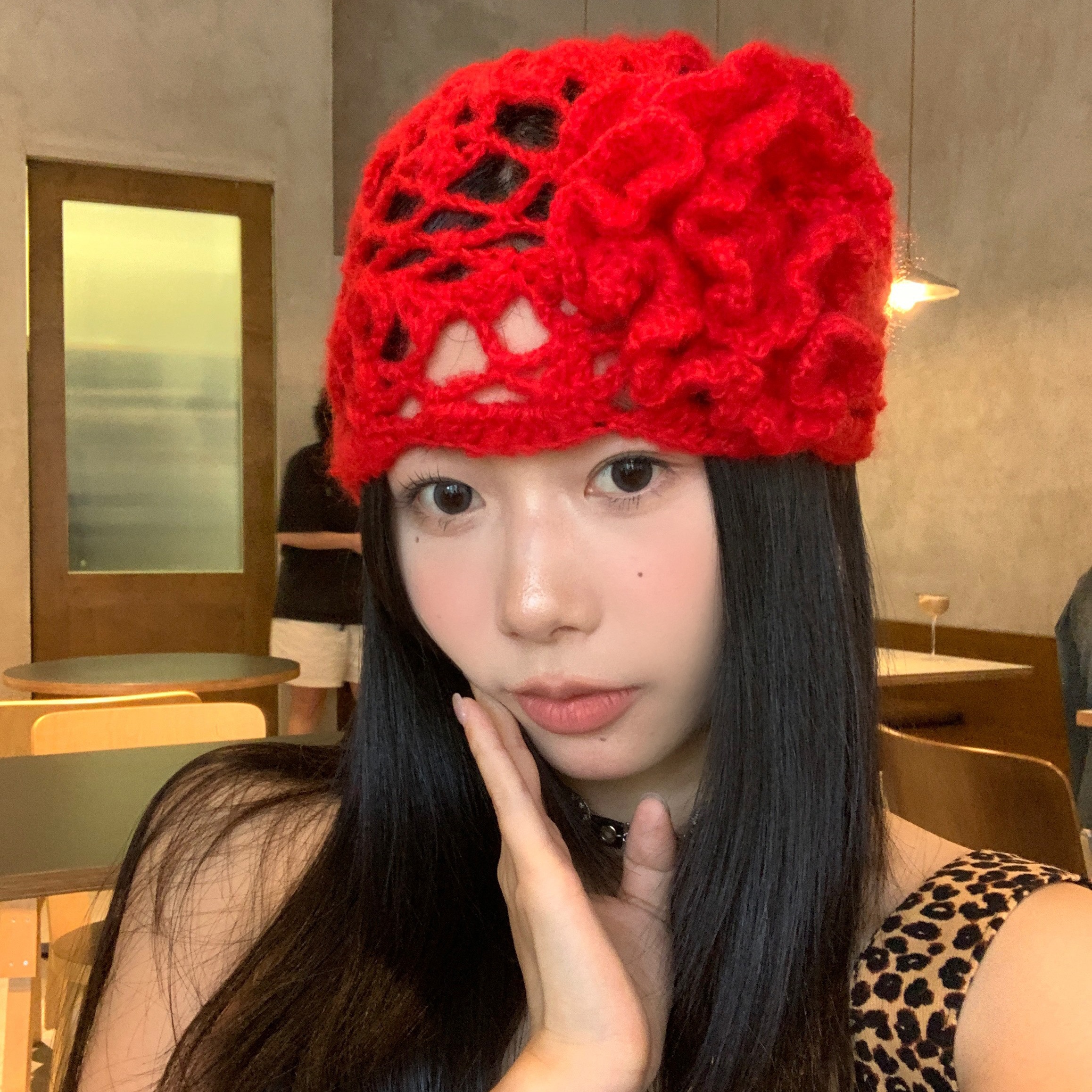 纯欲缪斯~韩版镂空花朵针织帽纯色手工毛线帽小众甜美包头帽子女