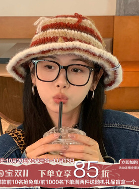 复古撞色手工针织渔夫帽女