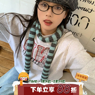 青灰织梦 陈奶奶复古千禧风法棍围巾秋冬时髦条纹穿搭凹造型针织