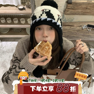 企鹅呆呆 陈奶奶可爱刺绣毛线帽子女秋冬保暖护耳绑带针织雷锋帽