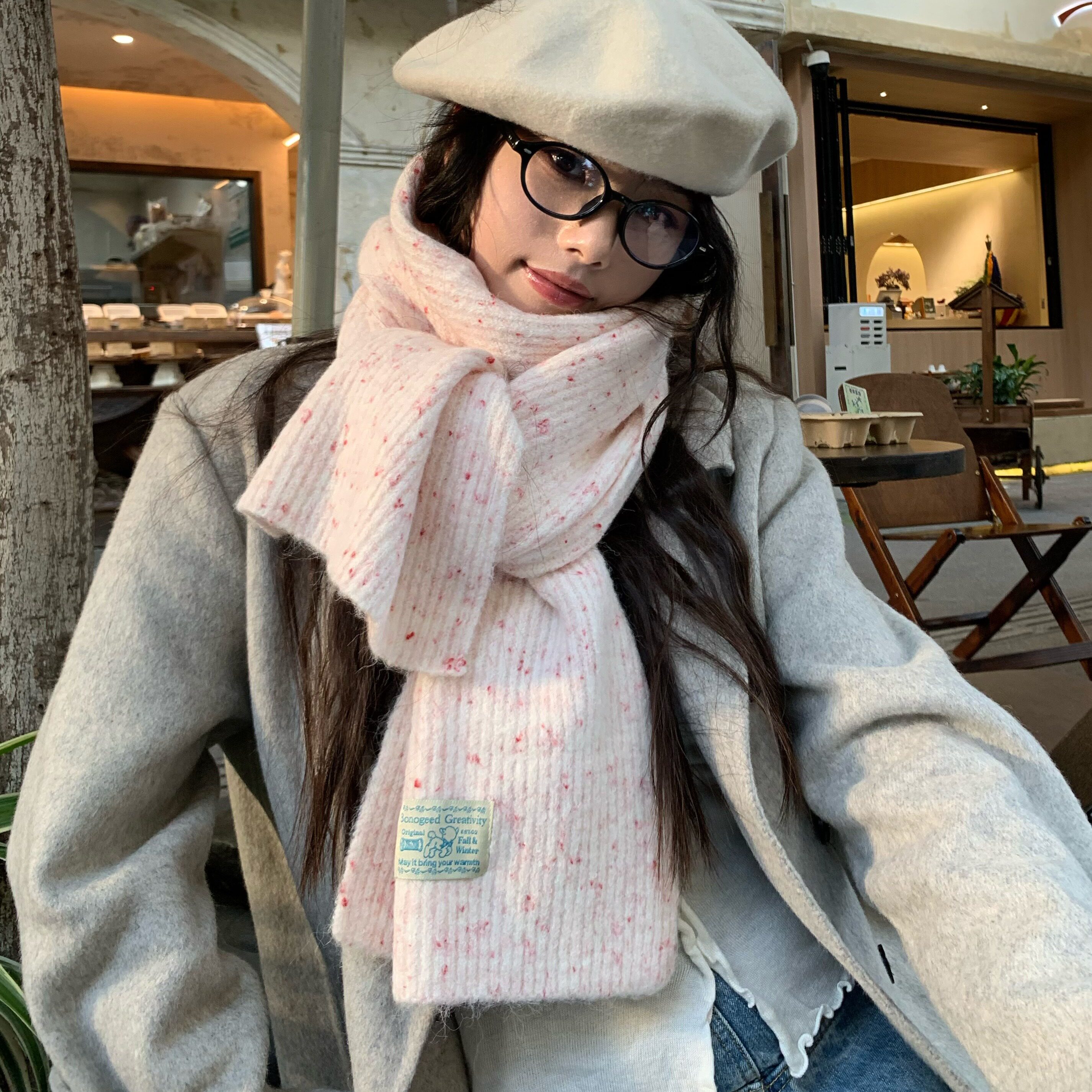 温柔奶油系！陈奶奶韩系氛围感彩色针织围巾女秋冬百搭保暖围脖