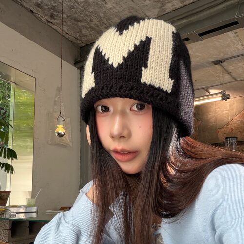 陈奶奶拼色M标毛线帽子女秋冬