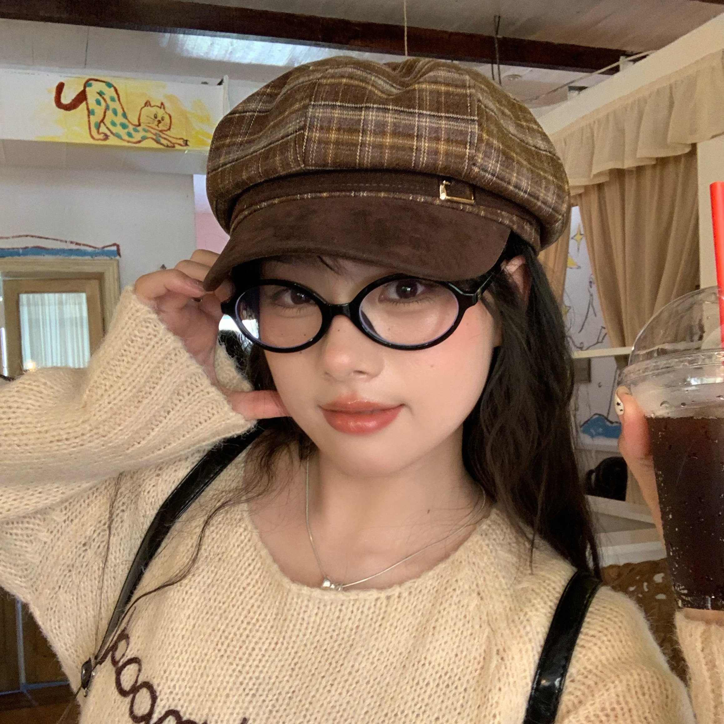 陈奶奶英伦复古文艺格纹八角帽