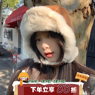 陈奶奶 重工皮毛一体韩版翻毛皮巴拉克法帽保暖护耳雷锋帽子女冬