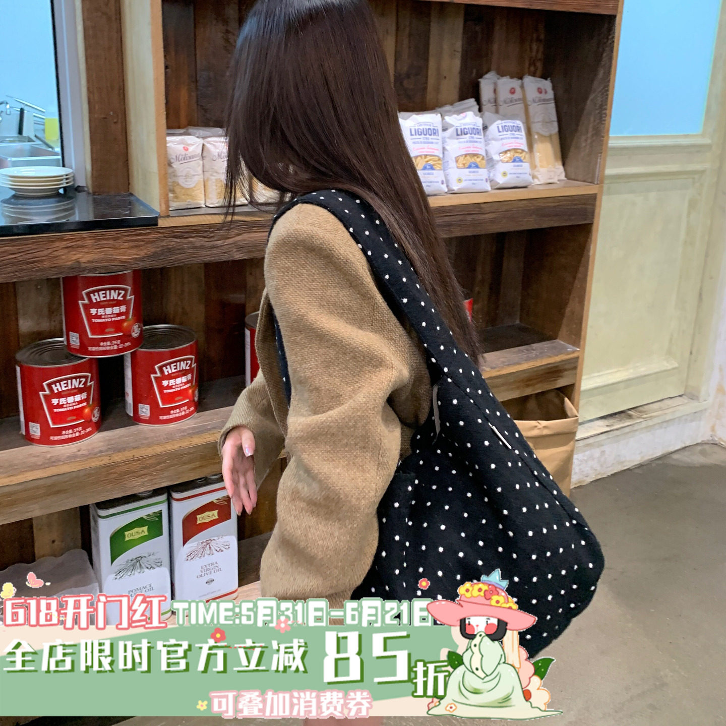 萌系波点~陈奶奶韩版毛呢单肩包包女秋冬百搭学生大容量托特包