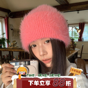 粉红女郎~陈奶奶毛绒包头帽女保暖秋冬防寒护耳纯色百搭毛线帽子