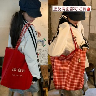 陈奶奶 美式复古红帆布托特包 格纹内衬刺绣字母显白出街大容量包