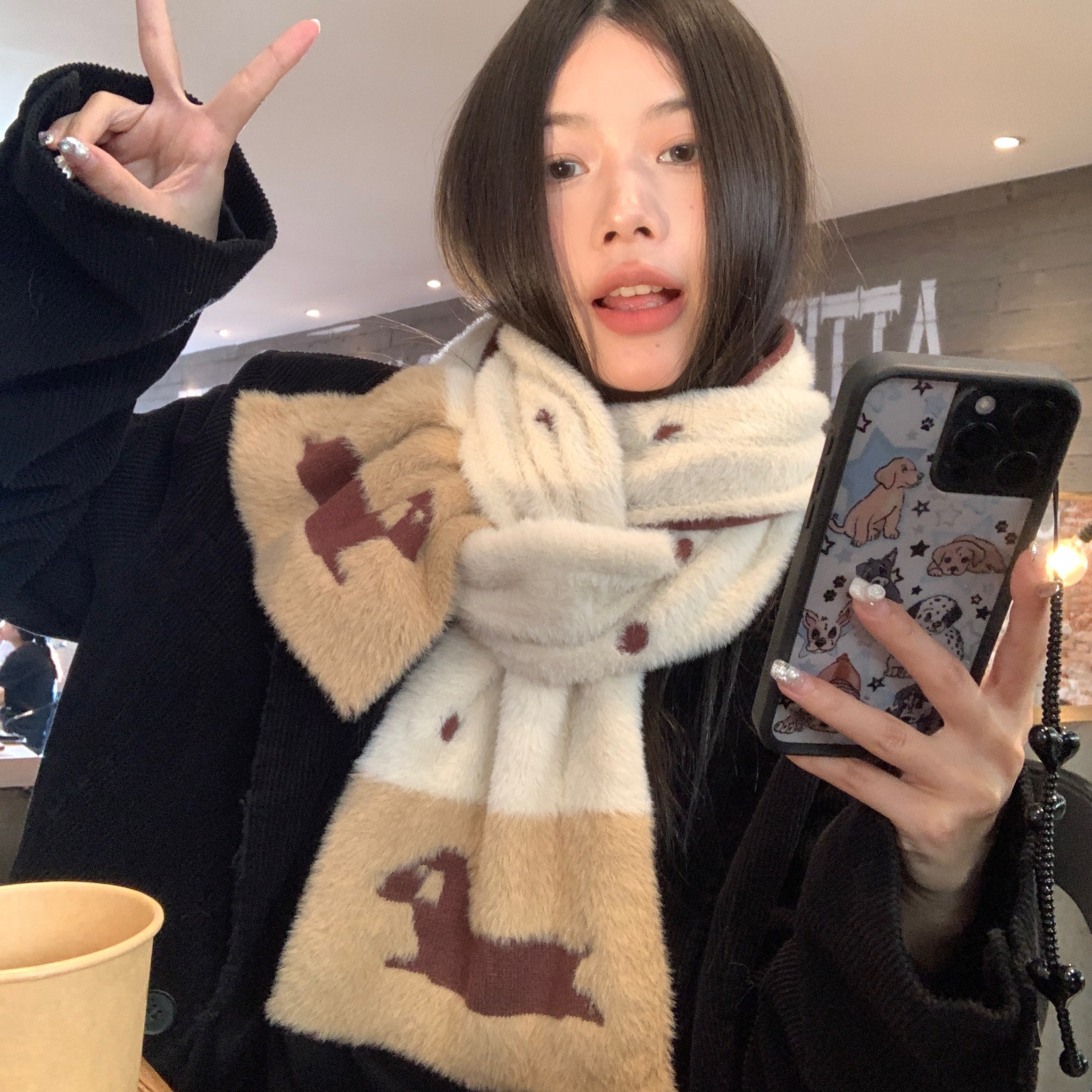 陈奶奶卡通毛绒双面绒围巾女