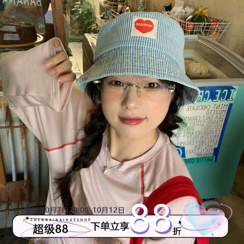 陈奶奶韩系爱心条纹牛仔渔夫帽女