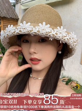 陈奶奶优雅甜美花朵蕾丝边草帽