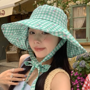 薄荷绿~陈奶奶韩系甜美格子绑带夏清新防晒渔夫帽子大帽檐遮阳帽