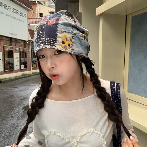 古着拼接~陈奶奶抽绳包头帽女