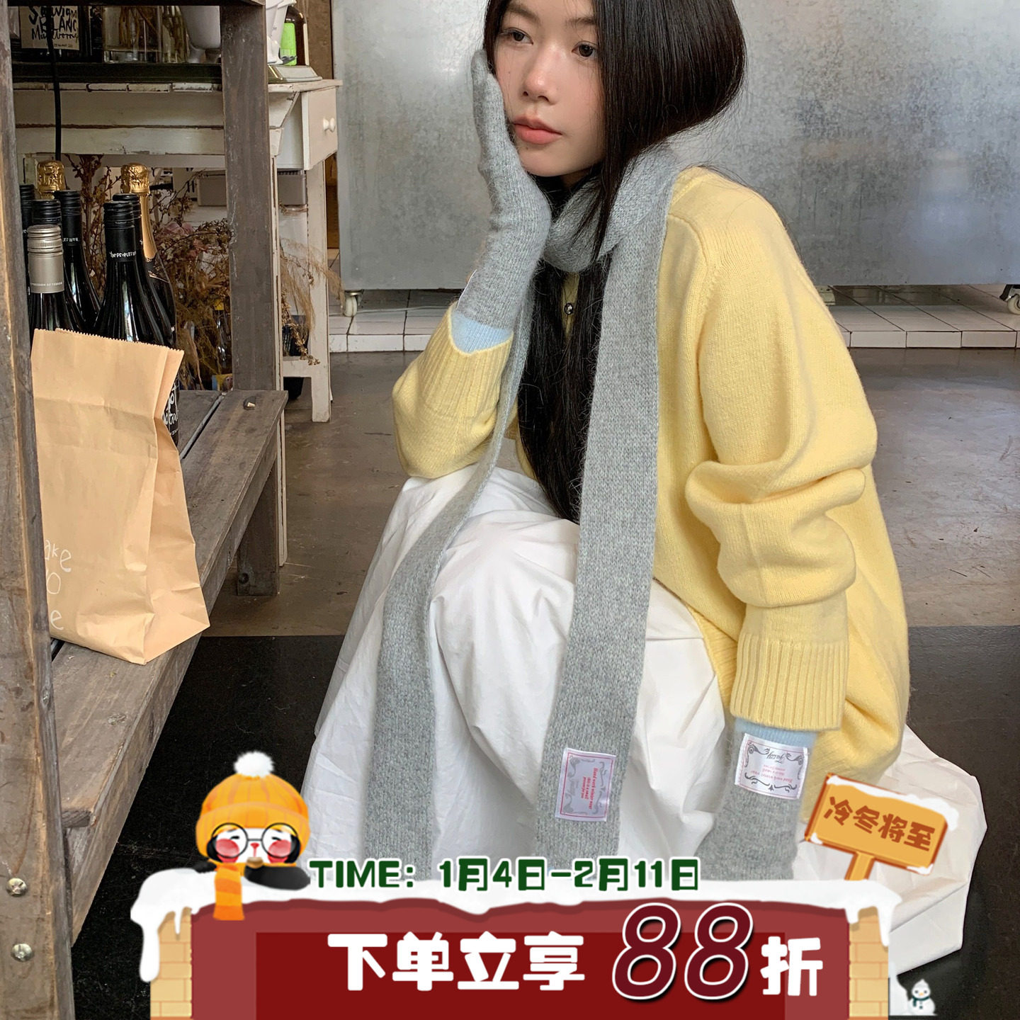 穿搭利器！秋冬高级感撞色可触屏手套氛围感针织细窄长条围巾围脖