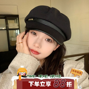 陈奶奶英伦风复古八角帽女秋冬大头围显脸小皮质云朵贝雷帽画家帽