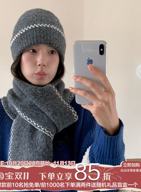 陈奶奶韩系波浪边针织帽围巾女