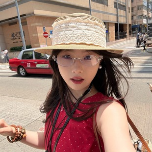 宅女同款～老陈自留蕾丝平顶草帽女夏海边沙滩度假防晒遮阳草帽