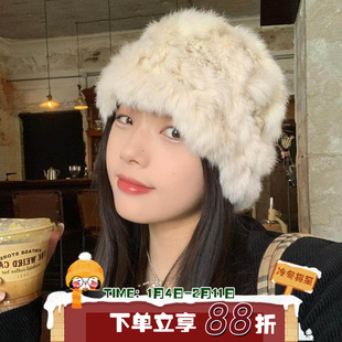云朵慕斯~软糯针织手工兔毛渔夫帽秋冬毛绒皮草保暖显脸小毛线帽