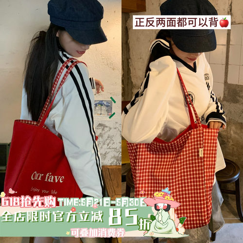 陈奶奶美式复古红帆布托特包