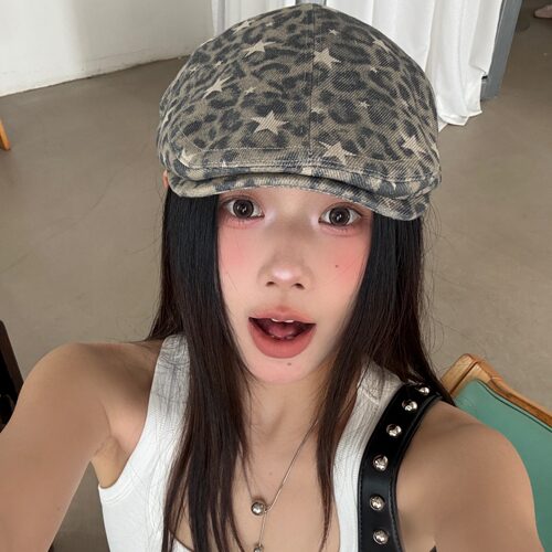 陈奶奶复古做旧星星豹纹前进帽女