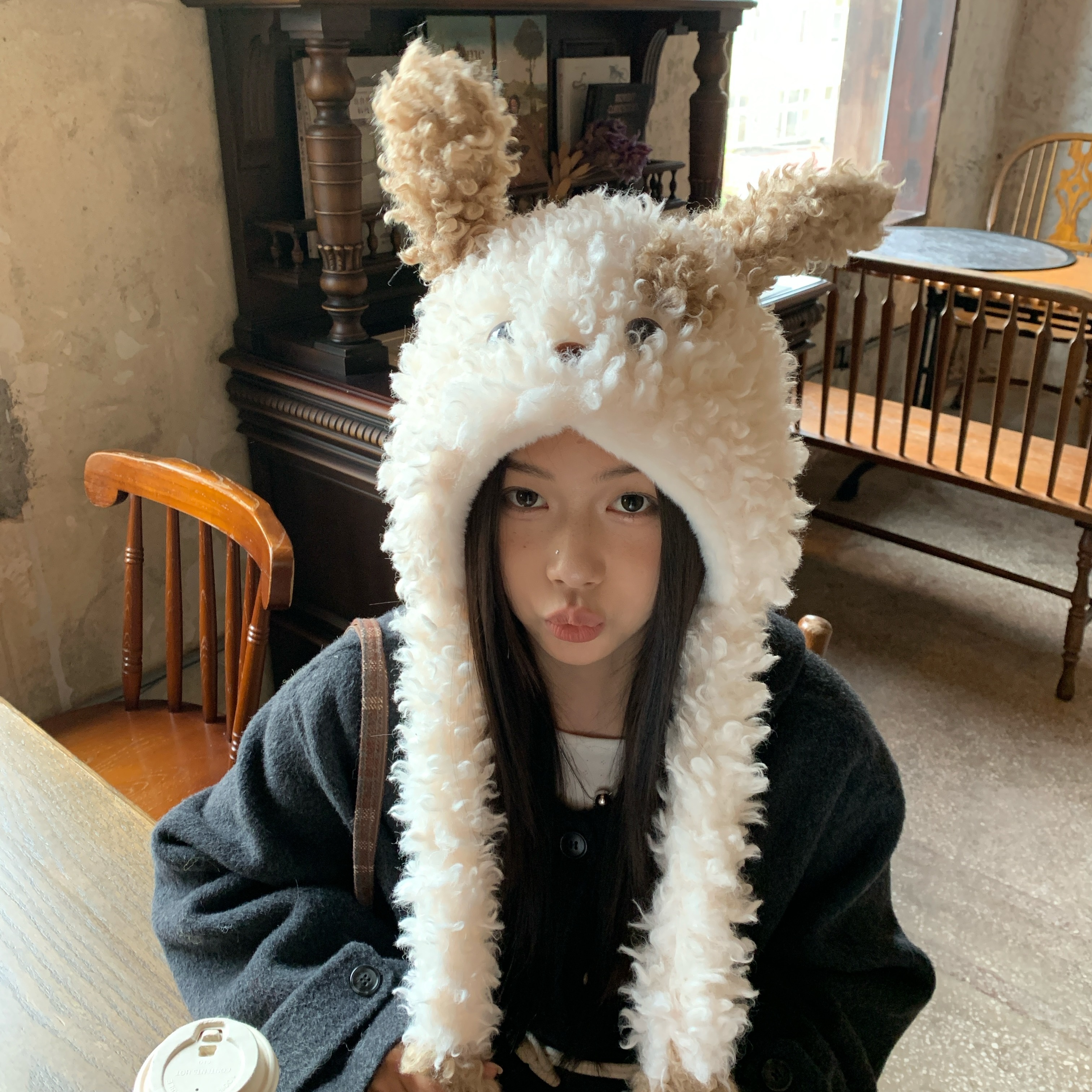 羊毛卷小狗陈奶奶毛绒立耳小狗帽