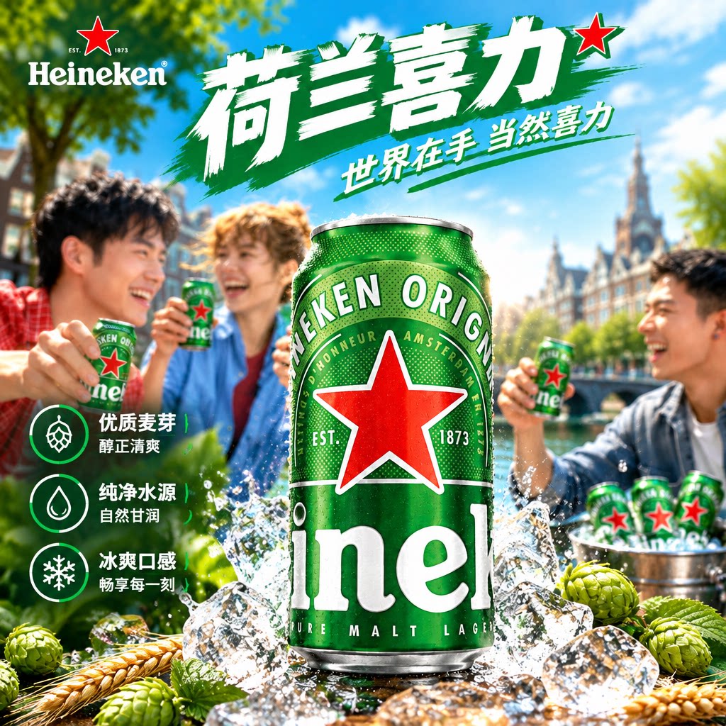 进口喜力啤酒黄啤精酿拉格500ml*24瓶罐听装Heineken整箱原装正品