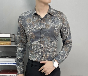 2025新款腰果花衬衫男长袖冰丝修身潮休闲寸衫轻商免烫男士衬衣薄