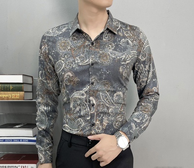 2025新款腰果花衬衫男长袖冰丝修身潮休闲寸衫轻商免烫男士衬衣薄