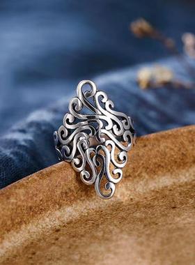 复古泰银日韩潮人开口戒指女个性简约夸张树叶镂空原创设计食指环